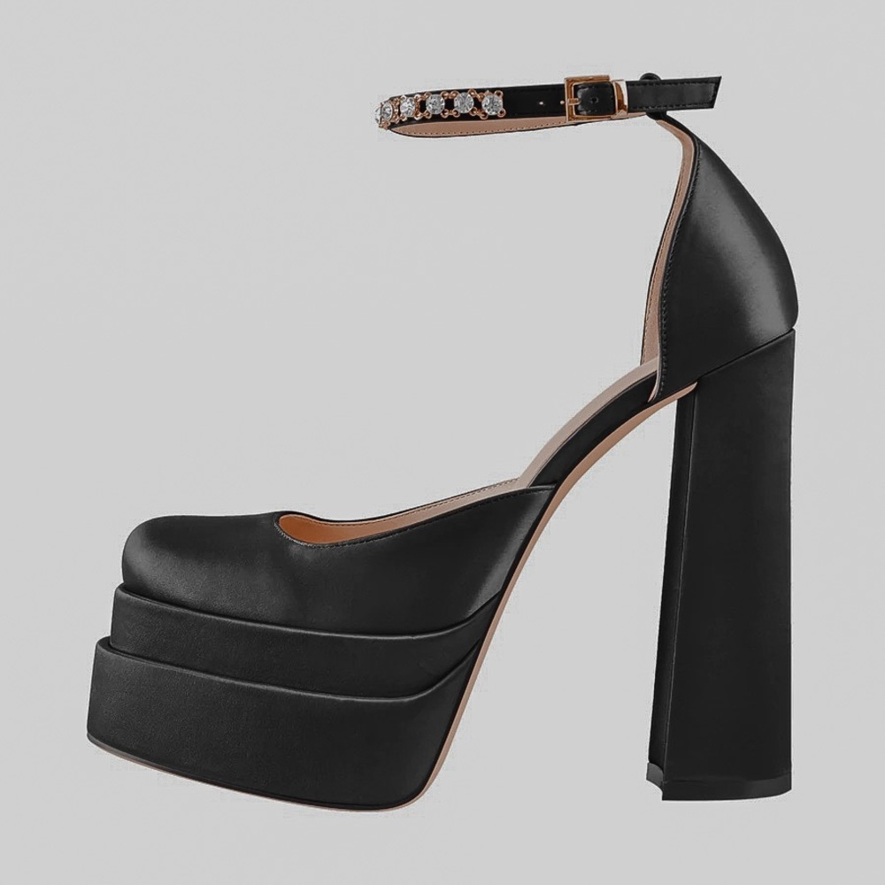 Black Silk-like Rhinestone Platform Chunky High Heels Pumps